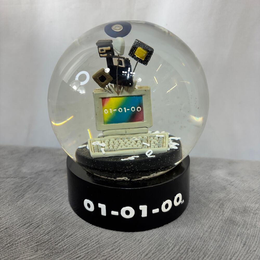 Y2K Mark of the Millennium Snow Globe Computer Crash Theme Resin Glass 5" No Box